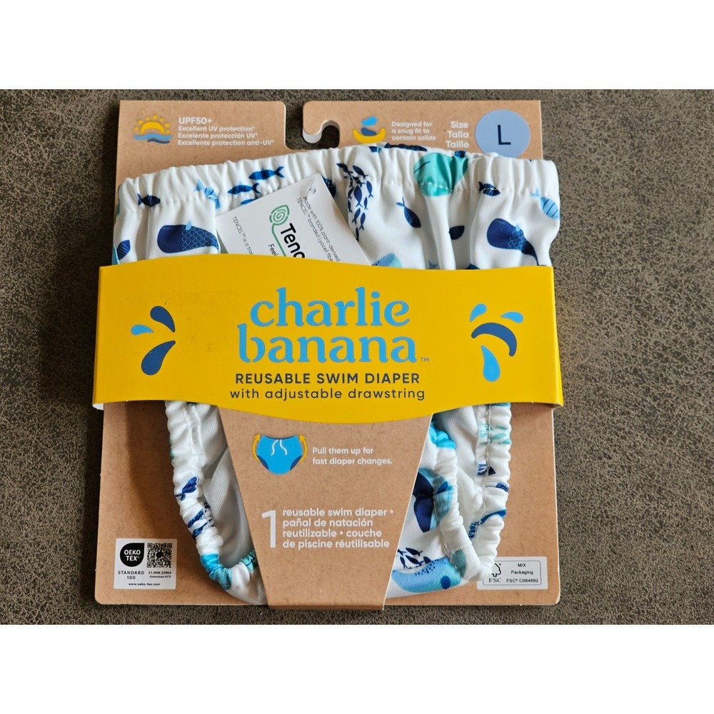Charlie Banana Swim Diaper Large (22-34lbs) Reusable Whale Fish on White NEW